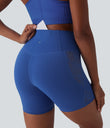 SoftlyZero™ High Waisted Crossover Contrast Lace Pocket Yoga Biker Shorts 5''-UPF50+ - Beaucoup Blue