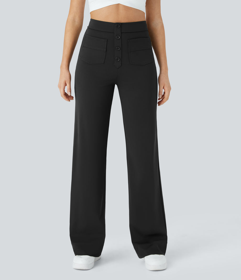 DayStretch High Waisted Pockets Straight Leg Casual Pants - Black