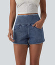 Halara Flex™ High Waisted Tummy Control Curved Hem Skinny Denim Casual Shorts with Pockets - Tide Blue Denim