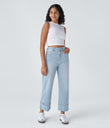 Halara Flex™ High Waisted Pockets Rolled Hem Wide Leg Washed Casual Jeans - Light Azure Denim