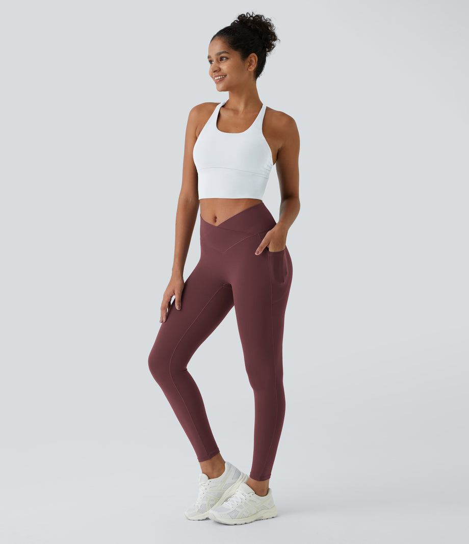 SoftlyZero™ Crossover Pocket Plain Leggings-UPF50+ - Red Mahogany
