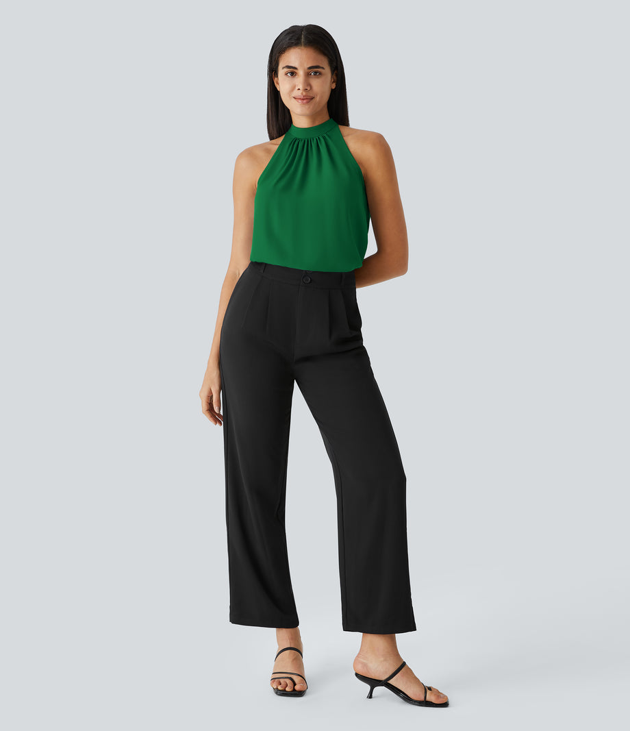 Keyhole Back Halter Sleeveless Curved Hem Work Blouse - Abundant Green