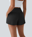 Breezeful™ High Waisted Crossover Pocket 2-in-1 Quick Dry Yoga Shorts 4" - Black