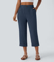 High Waisted Zipper Pocket Cropped Linen-Feel Pants - Deep Secluded Blue