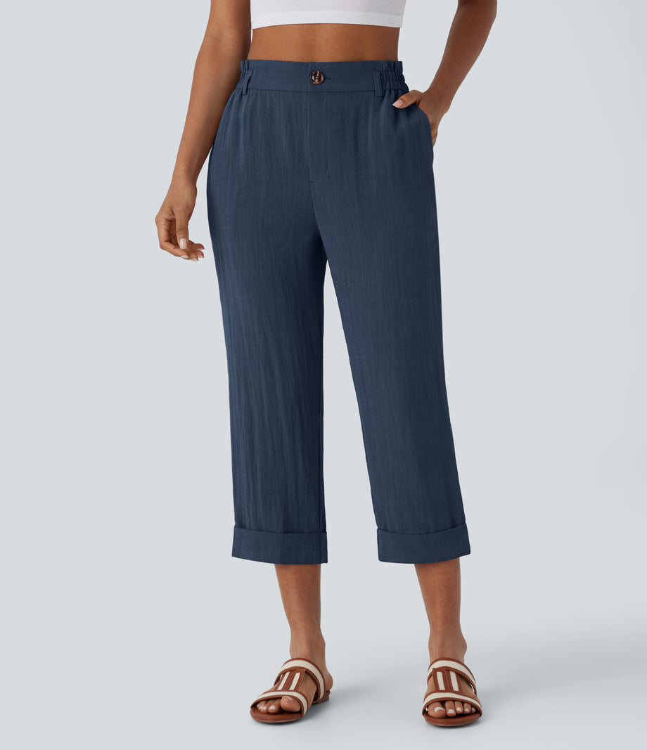 High Waisted Zipper Pocket Cropped Linen-Feel Pants - Deep Secluded Blue