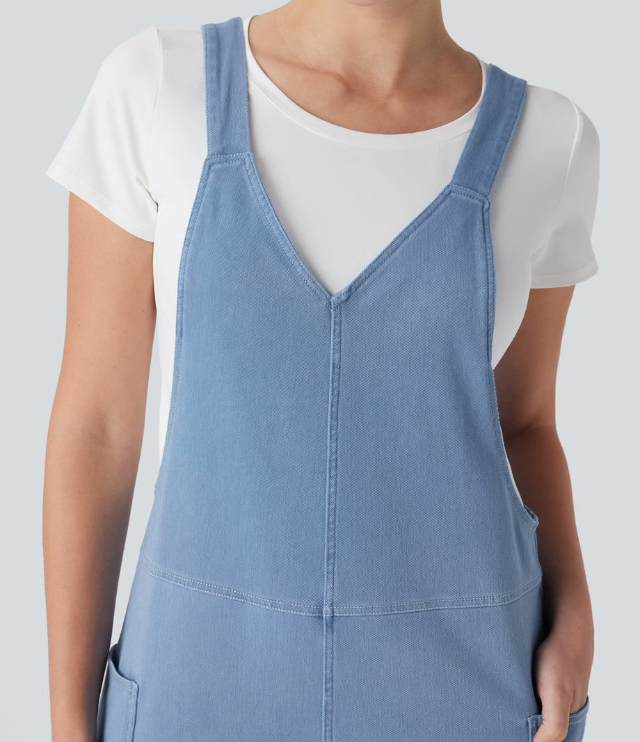 Halara Flex™ V Neck Pocket Washed Denim Casual Overalls - Campanula Blue Denim