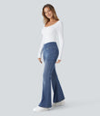 Halara Flex™ High Waisted Crossover Pocket Washed Casual Flare Jeans - Mayan Blue Denim
