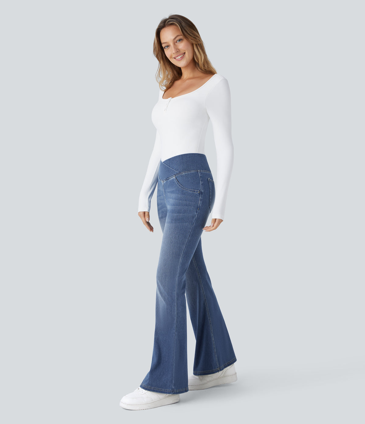 Halara Flex™ High Waisted Crossover Pocket Washed Casual Flare Jeans - Mayan Blue Denim