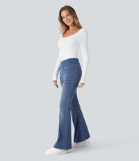 Halara Flex™ High Waisted Crossover Pocket Washed Casual Flare Jeans - Mayan Blue Denim