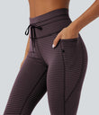 High Waisted Drawstring Striped Yoga Leggings with Pockets - Plum Ridge