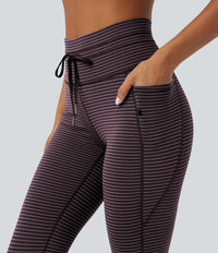 High Waisted Drawstring Striped Yoga Leggings with Pockets - Plum Ridge
