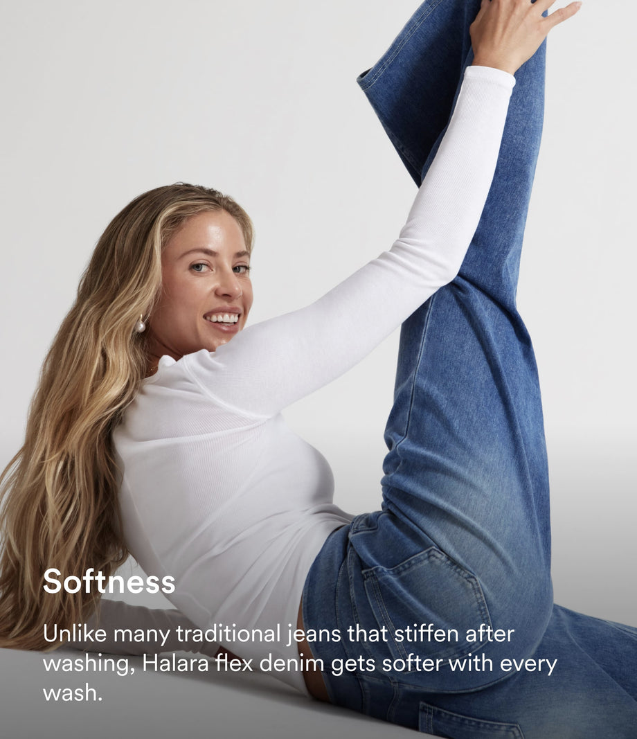 Halara Flex™ High Waisted Pockets Rolled Hem Wide Leg Washed Casual Jeans - Blue Spruce Denim