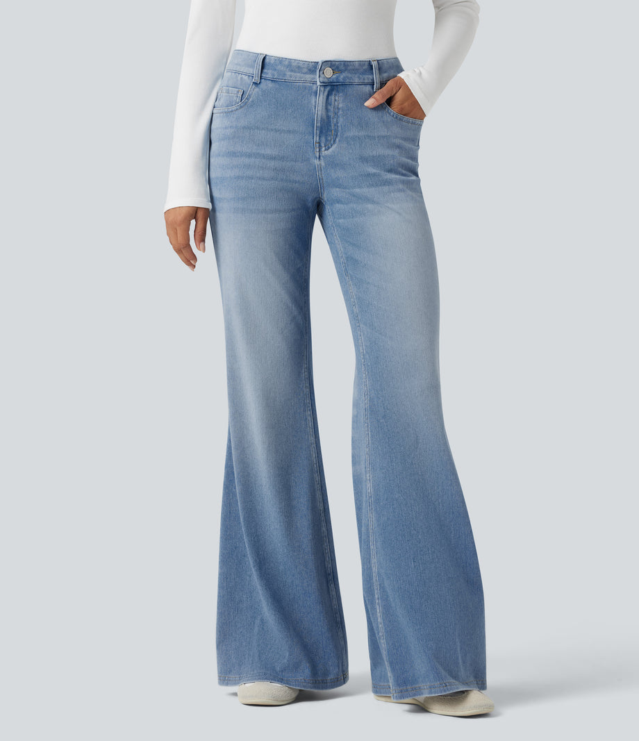 Halara Flex™ Low Rise Flare Washed Casual Jeans with Pockets - Powder Blue Denim