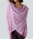 Hooded Cowl Neck Long Sleeve Thumb Hole Yoga Sports Top with Pockets - Orchid Bouquet