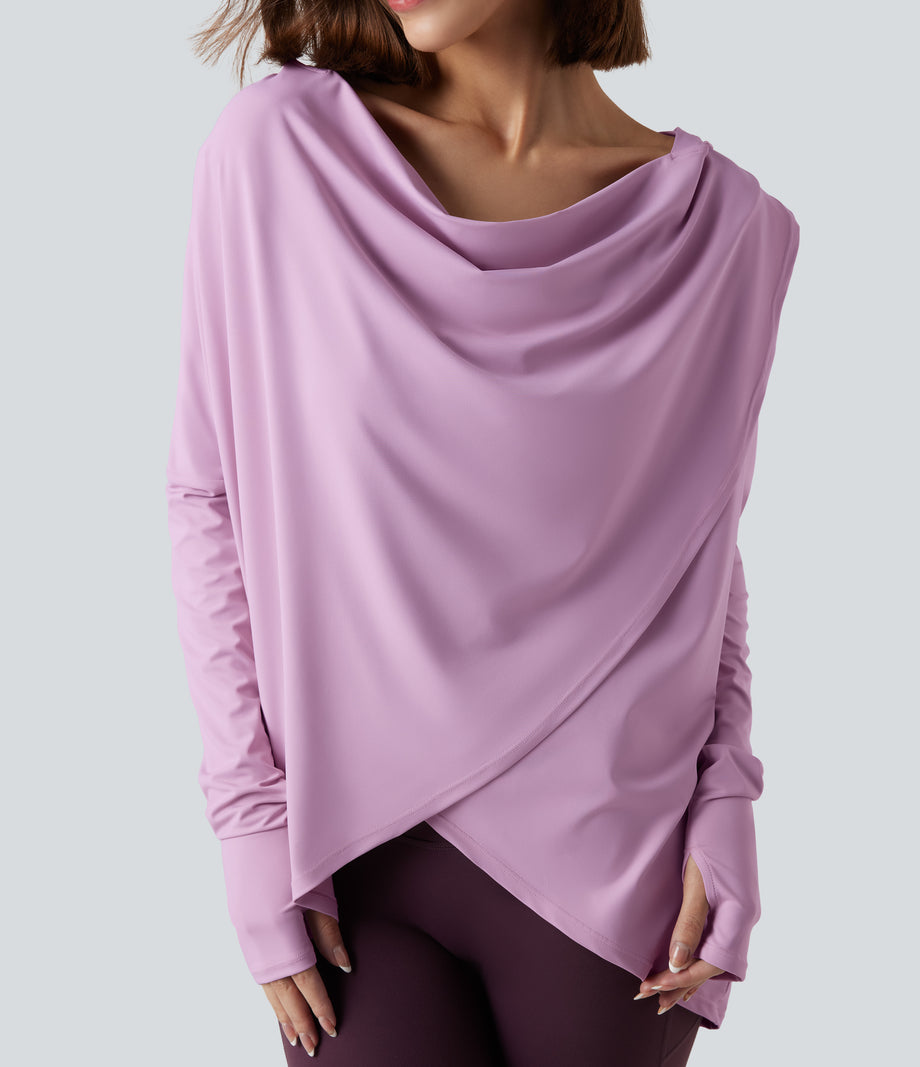 Hooded Cowl Neck Long Sleeve Thumb Hole Yoga Sports Top with Pockets - Orchid Bouquet