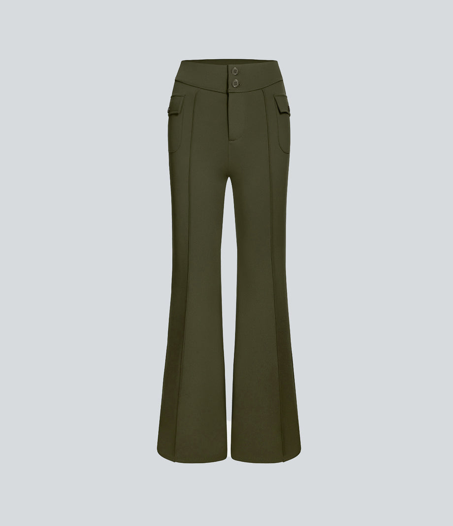 High Waisted Side Flap Pocket Flare Casual Cargo Pants - Forest Night