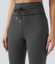 High Waisted Drawstring Stripe Flare Yoga Pants with Pockets - Iron Gray
