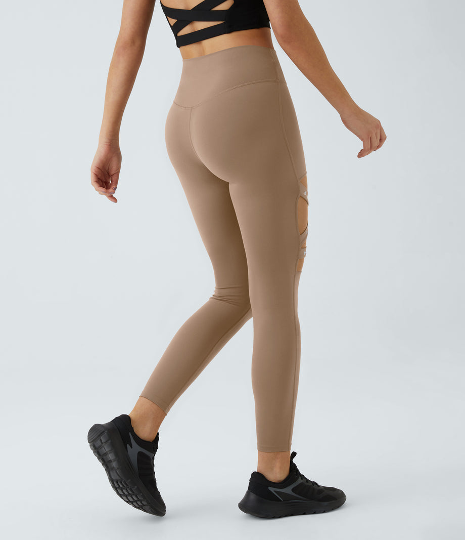 DayStretch High Waisted Crossover Contrast Mesh Decorative Buckle Yoga Leggings - Burro