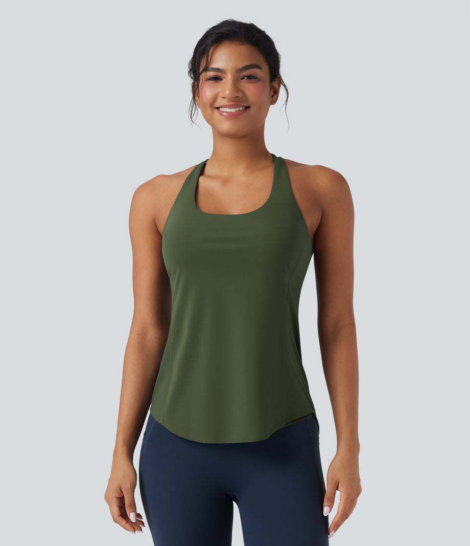 Halara UltraSculpt™ Round Neck Crisscross Back Running Tank Tops DD-F Cups - Deep Woodland Green