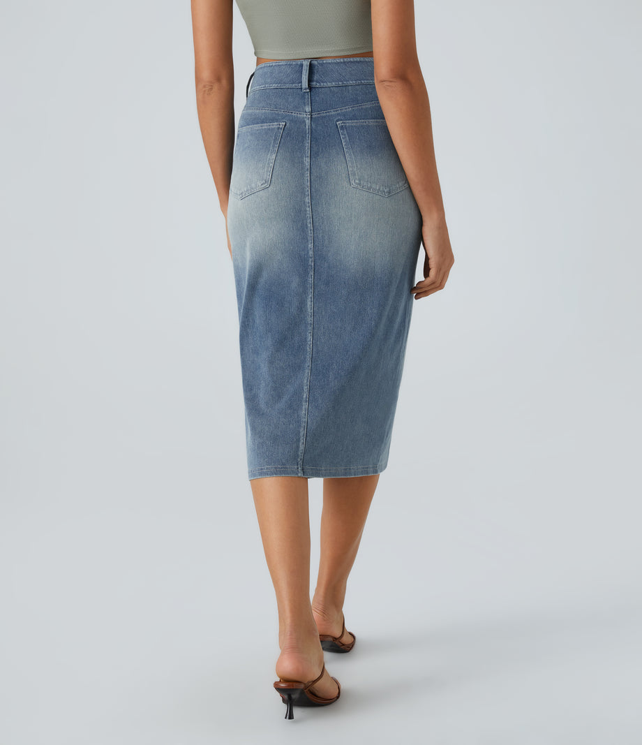 Halara Flex™ High Waisted Pockets Bodycon Washed Denim Casual Midi Skirt - Blue Gray Denim