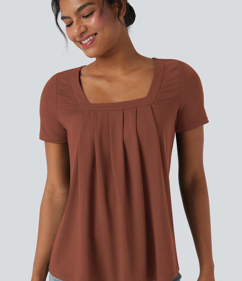 Square Neck Short Sleeve Casual Top - Maple Syrup
