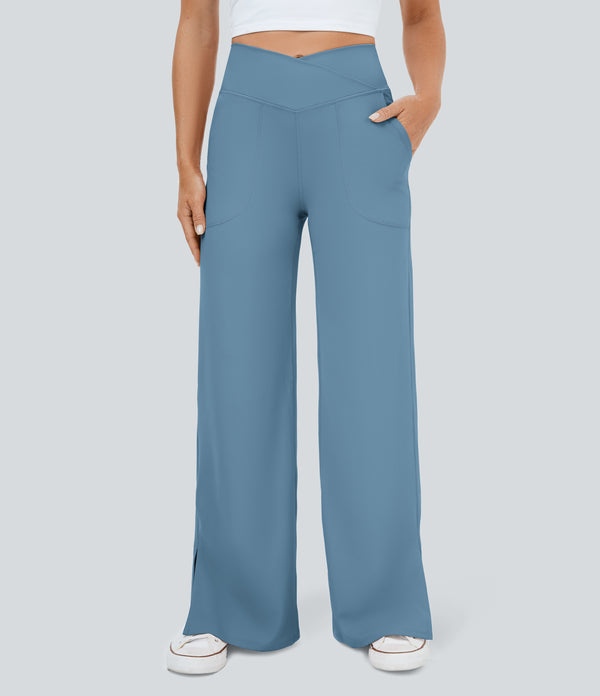 DayStretch Crossover Pocket Hem Wide Leg Yoga Pants-Smile - Light Azure