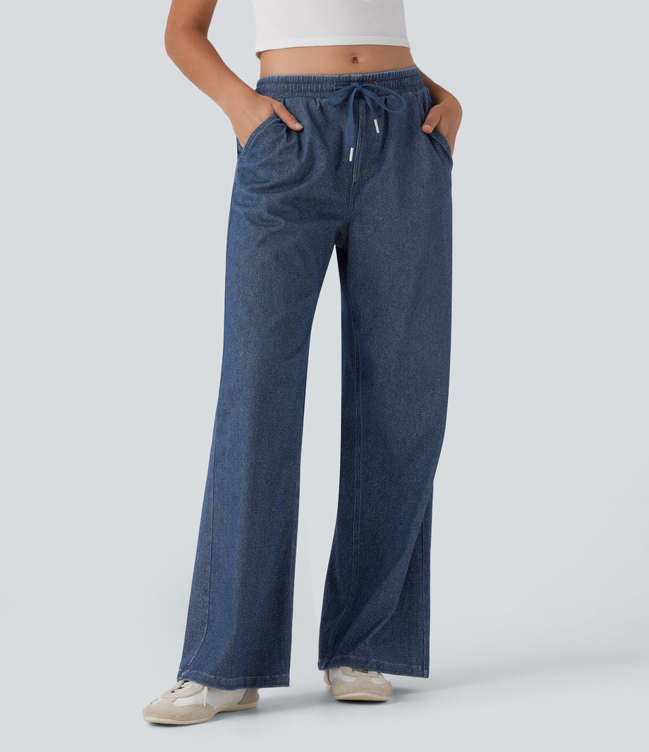 Halara Flex™ Low Rise Drawstring Wide Leg Sparkle Casual Sweatpants Jeans with Pockets - Tide Blue Denim