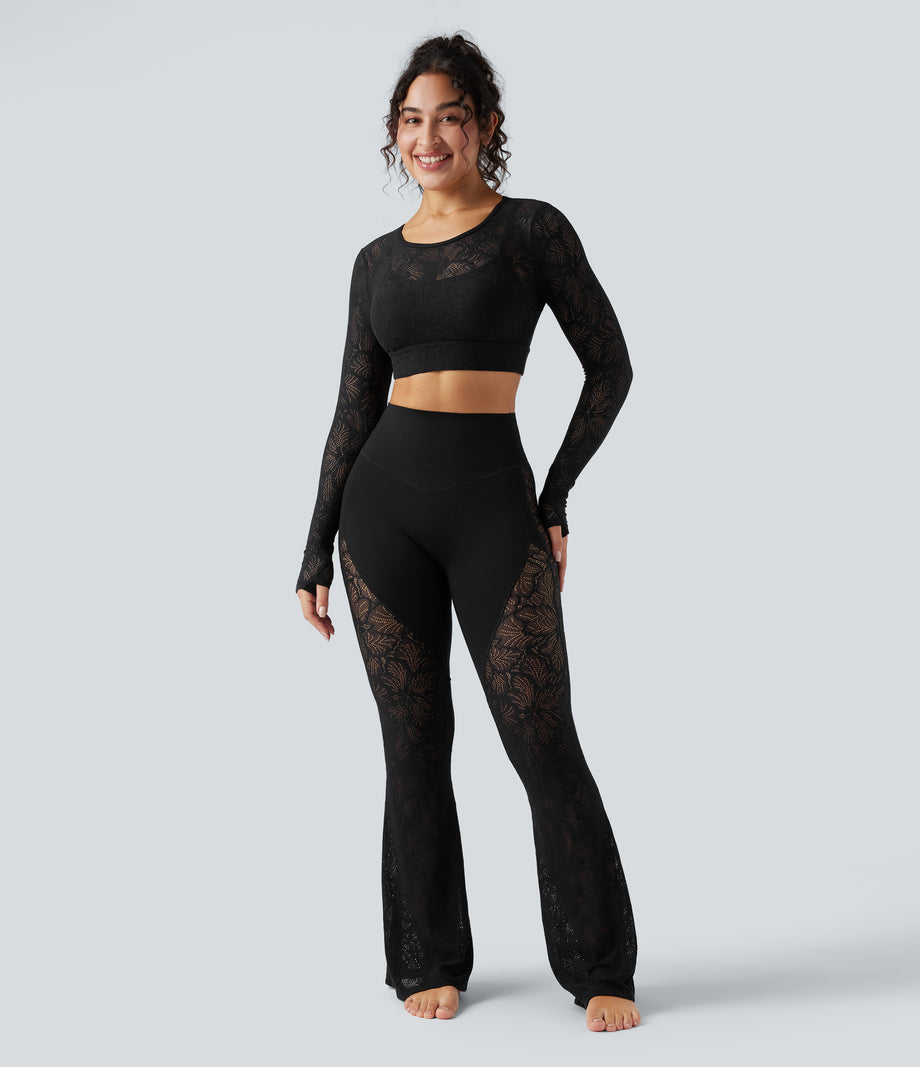 Halara UltraSculpt™ High Waisted Tummy Control Contrast Lace Yoga Flare Leggings with Pocket - Black