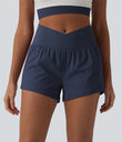 SoftlyZero™ Airy Crossover High Waisted 2-in-1 Cool Touch Yoga Shorts 3'' with Pockets - Mood Indigo