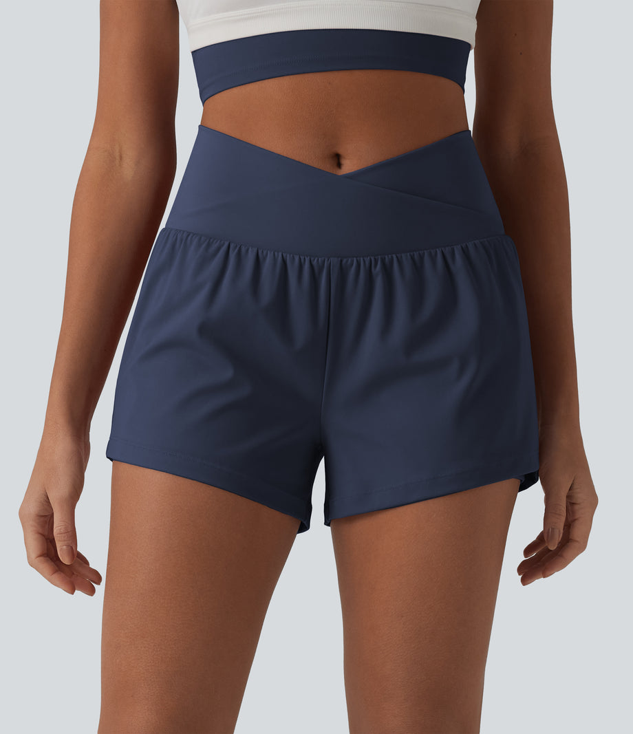 SoftlyZero™ Airy Crossover High Waisted 2-in-1 Cool Touch Yoga Shorts 3'' with Pockets - Mood Indigo