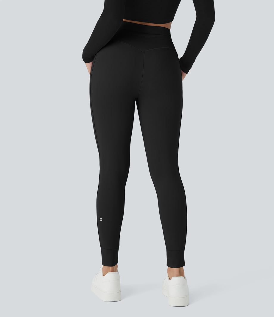 SoftlyZero™ Plush High Waisted Drawstring Pocket Plain Full Length Joggers - Black