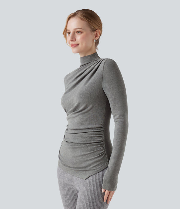 Mock-neck Long Sleeve Ruched Asymmetric Hem Thermal Casual Top - Mottled Cloud Grey
