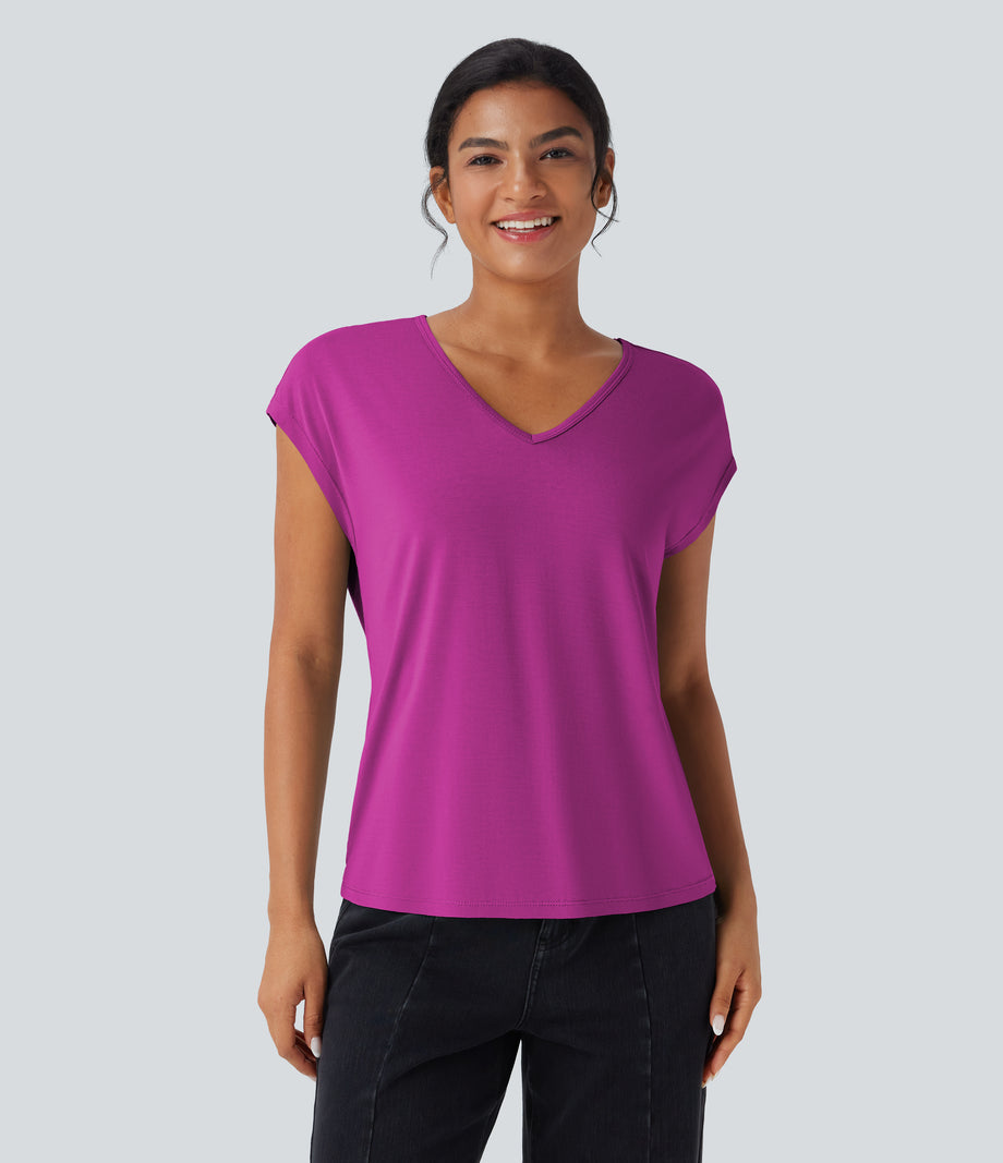 V Neck Short Sleeve Casual T-Shirt - Fuchsia Fedora