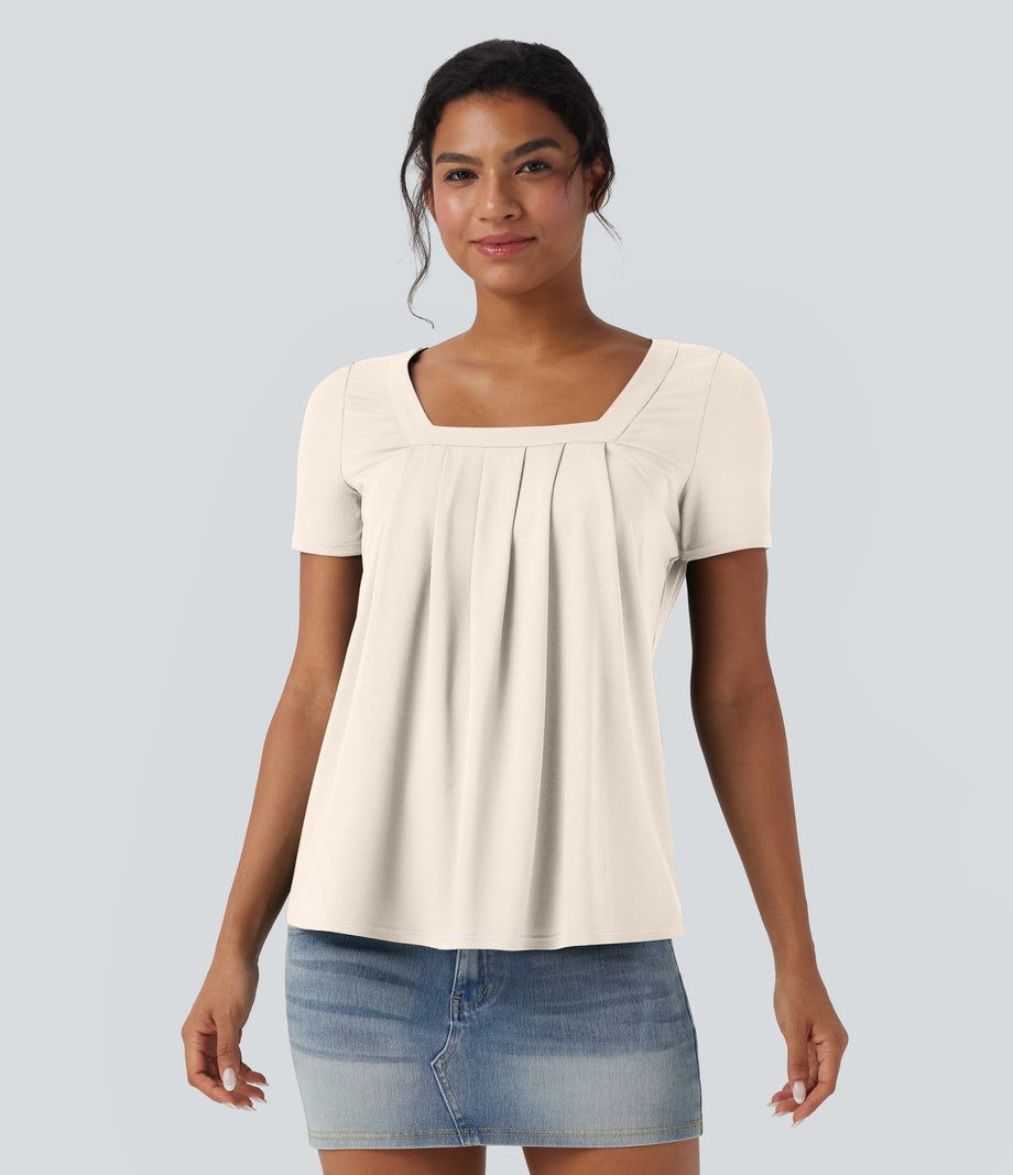 Square Neck Short Sleeve Casual Top - Whisper White