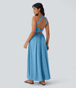 Twisted Backless Split Flowy Maxi Resort Dress with Pockets - Clear Coast Blue