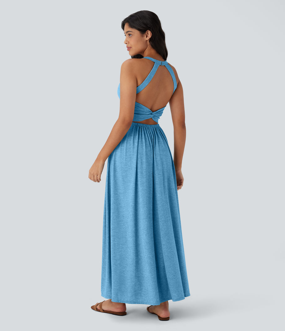 Twisted Backless Split Flowy Maxi Resort Dress with Pockets - Clear Coast Blue