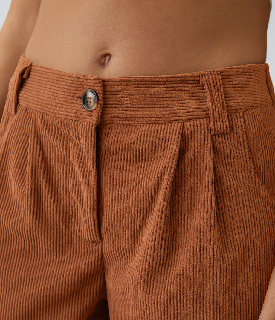 Mid Rise Zipper Pocket Corduroy Casual Pants - Baked Clay