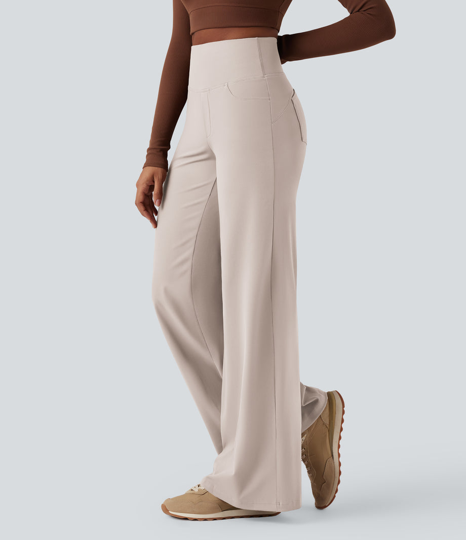 DayStretch High Waisted Tummy Control Wide Leg Baggy Yoga Pants with Pockets - Oat Milk