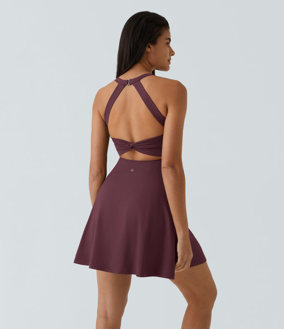 SoftlyZero™ Airy Backless Twisted Flare Low Support Dance Active Dress-Longer Length-Easy Peezy Edition A-D Cups - Fig