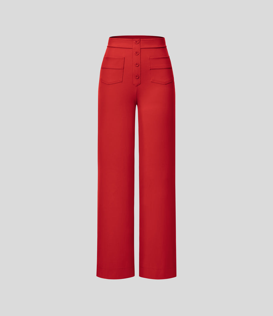 DayStretch High Waisted Pockets Straight Leg Casual Pants - Valiant Poppy