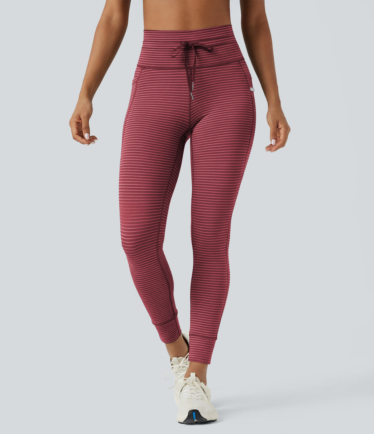High Waisted Drawstring Striped Yoga Leggings with Pockets - Crimson Rose