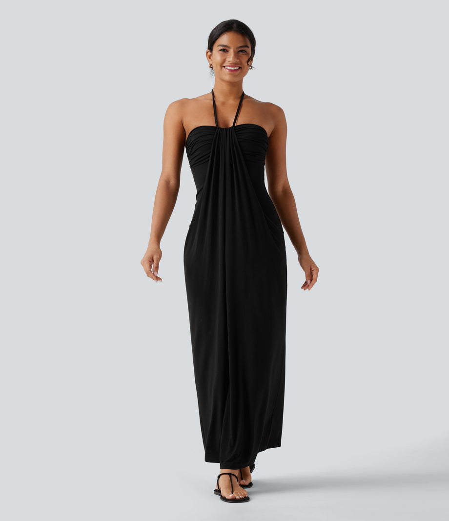 Halter Tie Back Maxi Dress with Pockets - Black