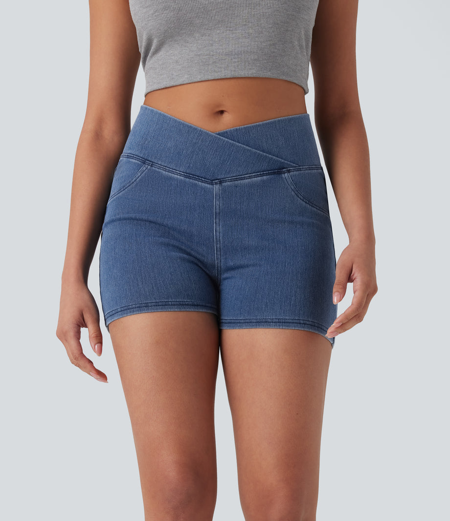 Halara Flex™ High Waisted Crossover Pocket Denim Casual Shorts 3" - Washed Denim Bleached Blue