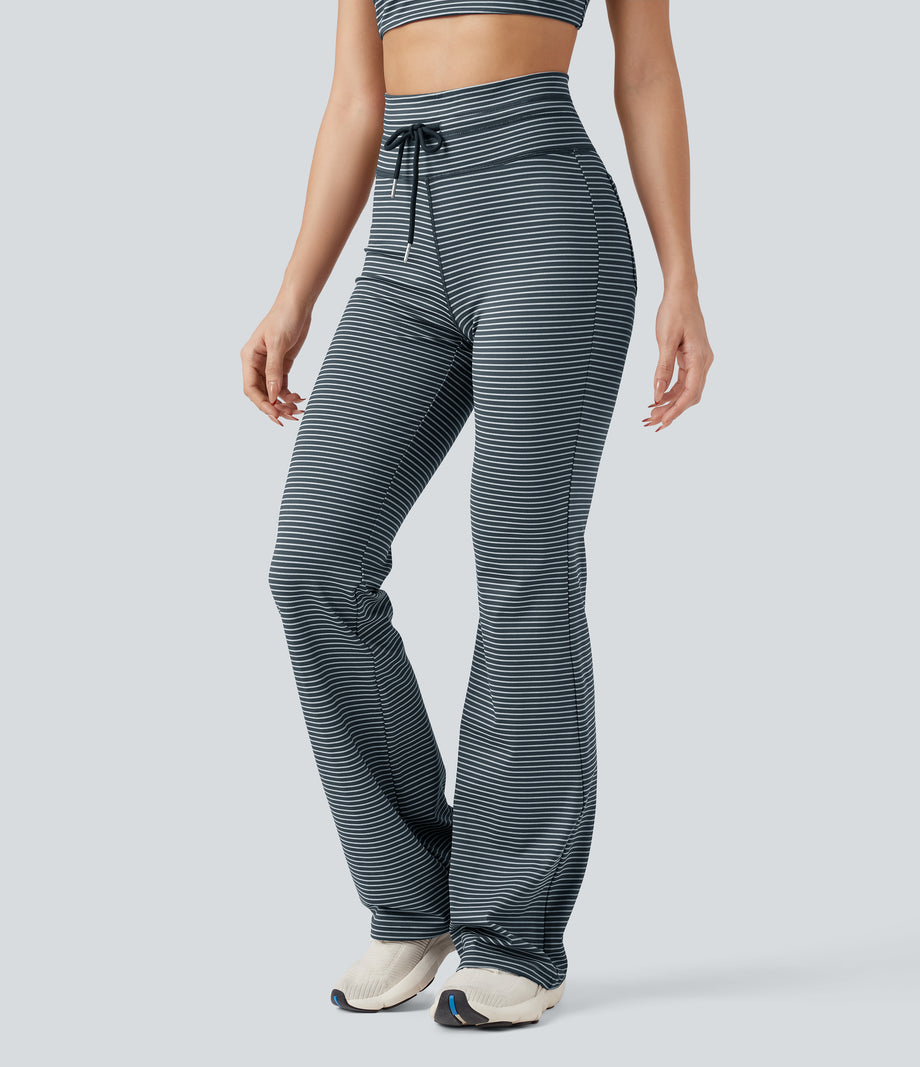High Waisted Drawstring Stripe Flare Yoga Pants with Pockets - Oceanic Teal