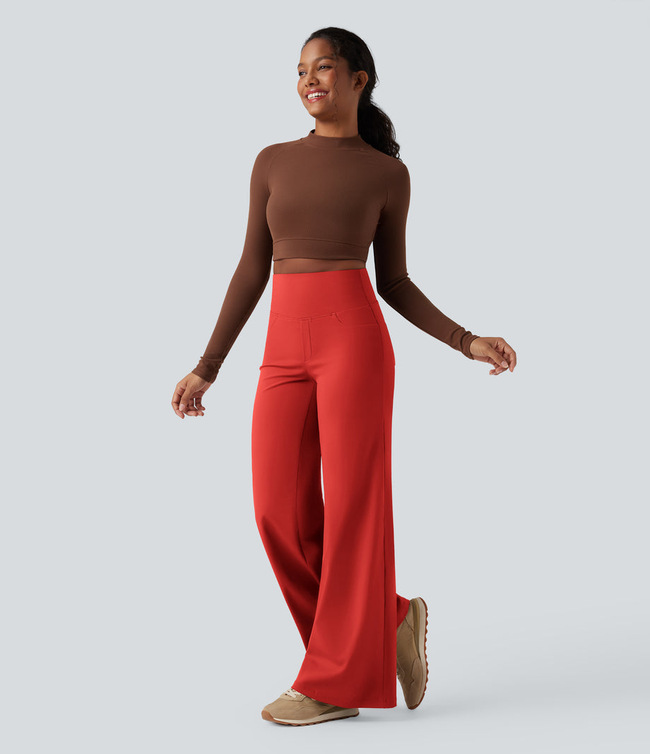 DayStretch High Waisted Tummy Control Wide Leg Baggy Yoga Pants with Pockets - Valiant Poppy
