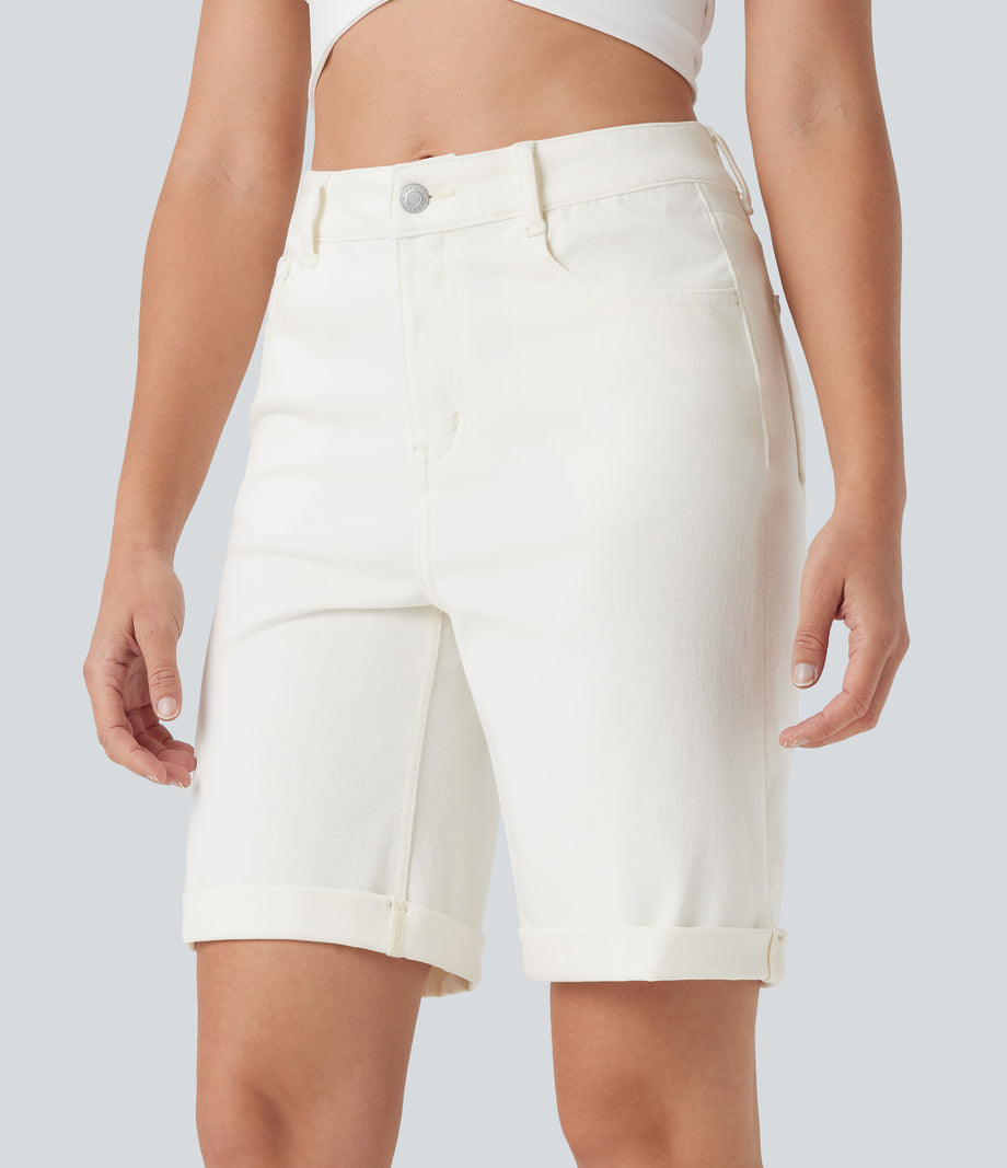 Halara Flex™ High Waisted Pockets Rolled Hem Washed Denim Casual Bermuda Shorts - Bright White Denim