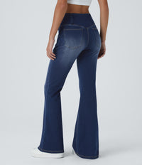 Halara Flex™ High Waisted Crossover Pocket Washed Casual Flare Jeans - Bright Blue Denim