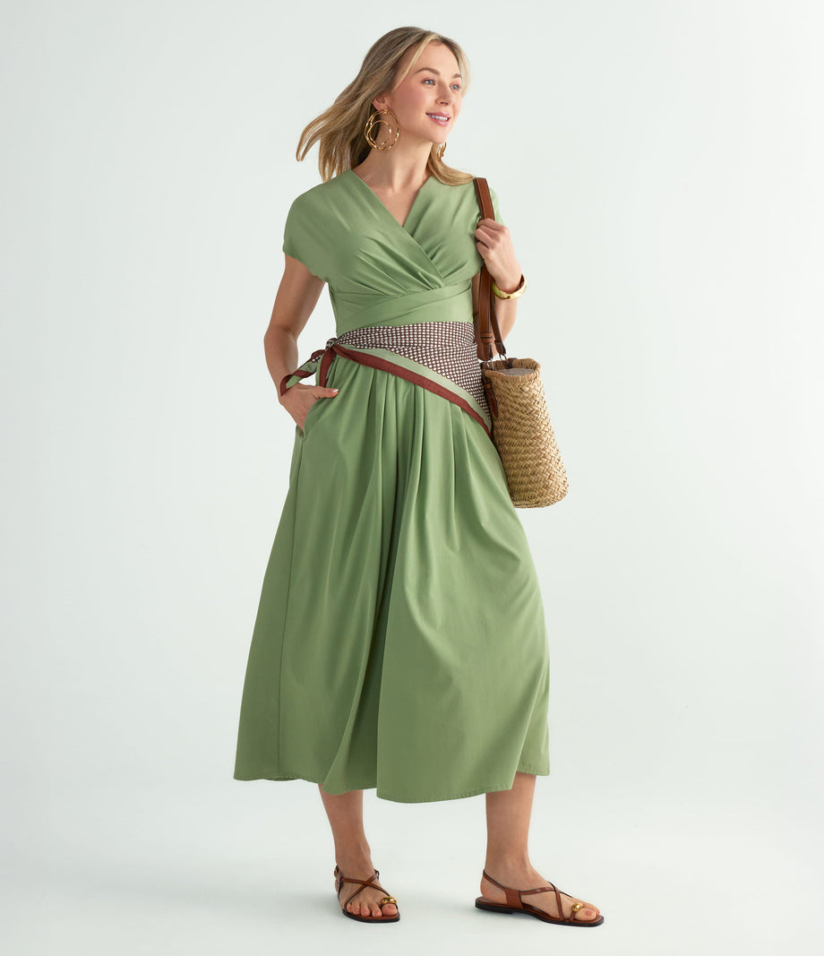 Breezeful™ V Neck Short Sleeve Pocket Tie Back Quick Dry Midi Casual Dress-Longer Length - Stone Blue