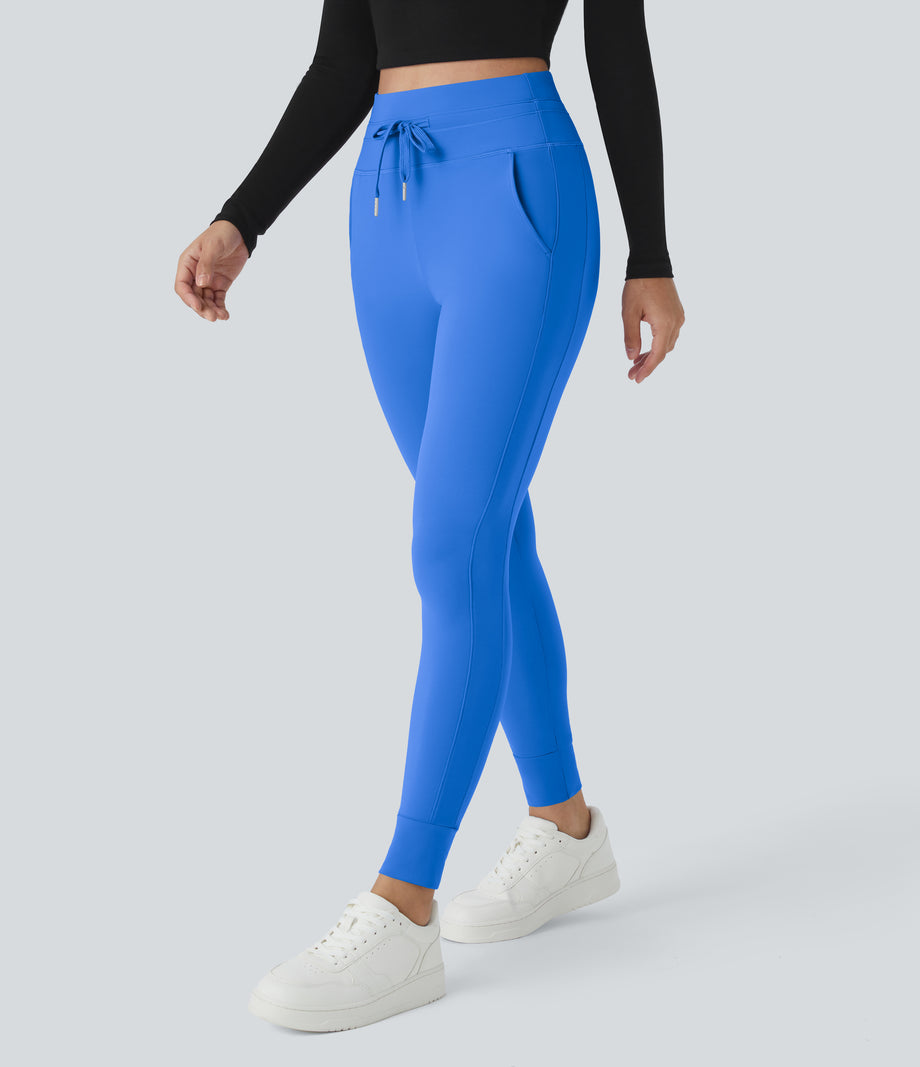 SoftlyZero™ Plush High Waisted Drawstring Pocket Plain Full Length Joggers - Strong Blue