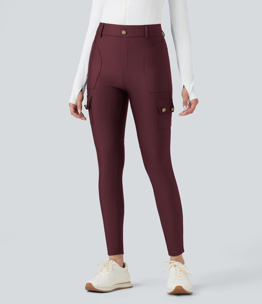 High Waisted Sheen 7/8 Leggings with Pockets - Evening Red